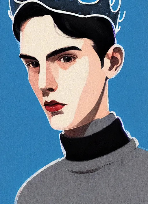 Image similar to portrait of teenage jughead jones wearing a light grey crown, crown, blue turtleneck, 1 9 5 0 s, closed eyes, photorealistic, black hair, glowing lighting, intricate, elegant, glowing lights, highly detailed, digital painting, artstation, concept art, smooth, sharp focus, illustration, art by wlop, mars ravelo and greg rutkowski