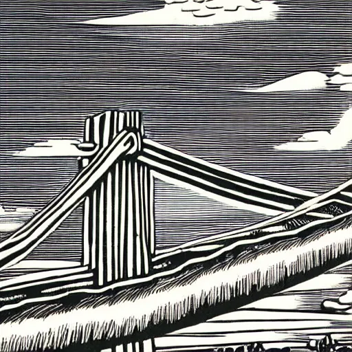 Prompt: steel suspension bridge built in 1 9 2 8, side view, puffy clouds in background, woodcut style, 8 k
