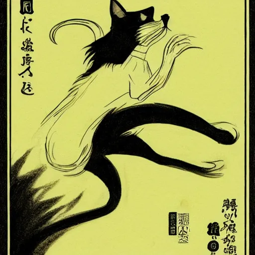 Image similar to a black and white drawing of a cat, an illustration of by gatoken shunshi, pixiv contest winner, dynamic pose, official art, sabattier effect