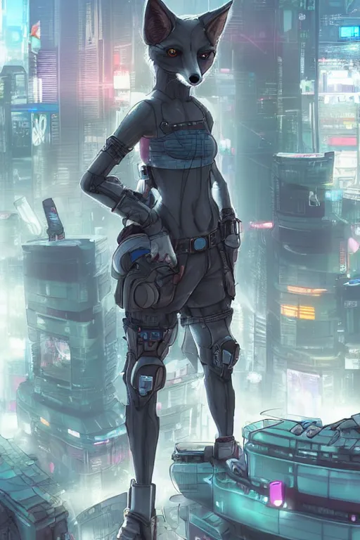 Image similar to a cyberpunk anthropomorphic fox with a fluffy tail staring over a futuristic city from the top of a roof, comic art, trending on furaffinity, cyberpunk, backlighting, cartoon, by kawacy