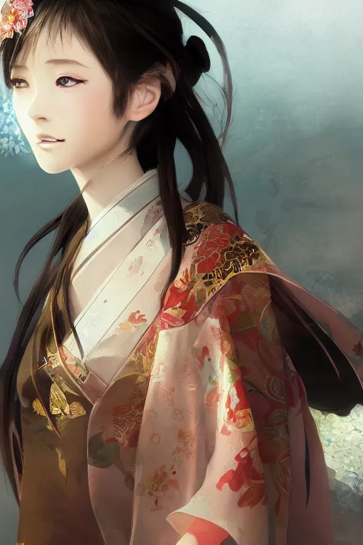 Prompt: beautiful young anime woman in a japanese dress, close-up portrait, intricate, high resolution, cinematic lighting, scenery, digital painting, highly detailed, artstation, sharp focus, illustration, concept art, ruan jia, steve mccurry and Irakli Nadar