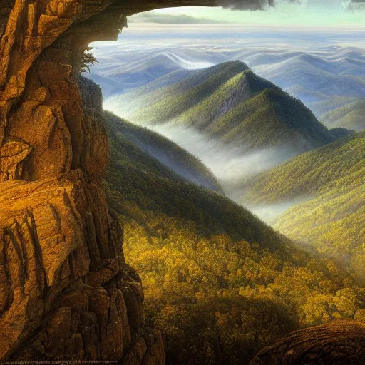 Image similar to a beautiful and highly detailed matte painting of the the appalachian mountains, intricate details, epic scale, insanely complex, 8 k, sharp focus, hyperrealism, very realistic, by caspar friedrich, greg rutowski, james gurney, zeen chin,