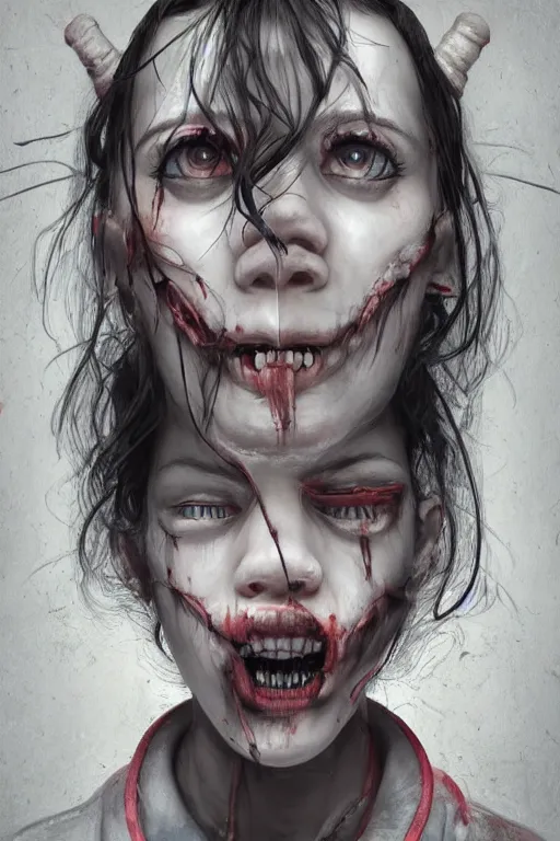 Image similar to cartoon grunge portrait of a creepy horror nurse girl . intricate abstract. intricate artwork. nightmare fuel. terrifying. by Tooth Wu, wlop, dan mumford , trending on artstation, greg rutkowski very coherent symmetrical artwork. cinematic, hyper realism, high detail, octane render, 8k