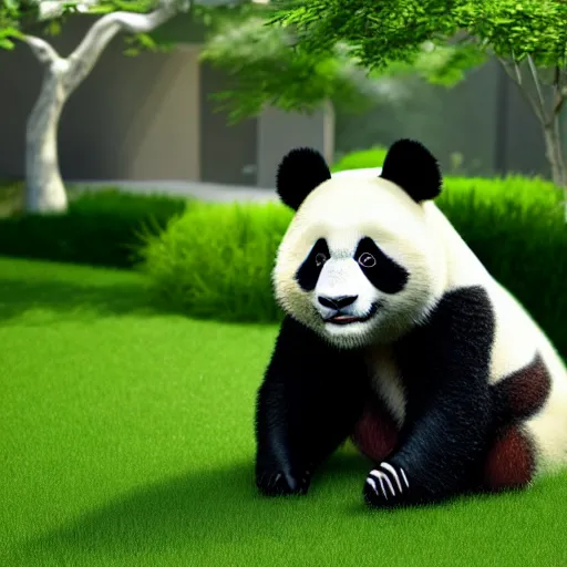 Prompt: a panda lawnmowing in his garden, cinematic, ray traced, octane render, cinematic lighting, ultrarealistic, featured on artstation, 8 k uhd artwork