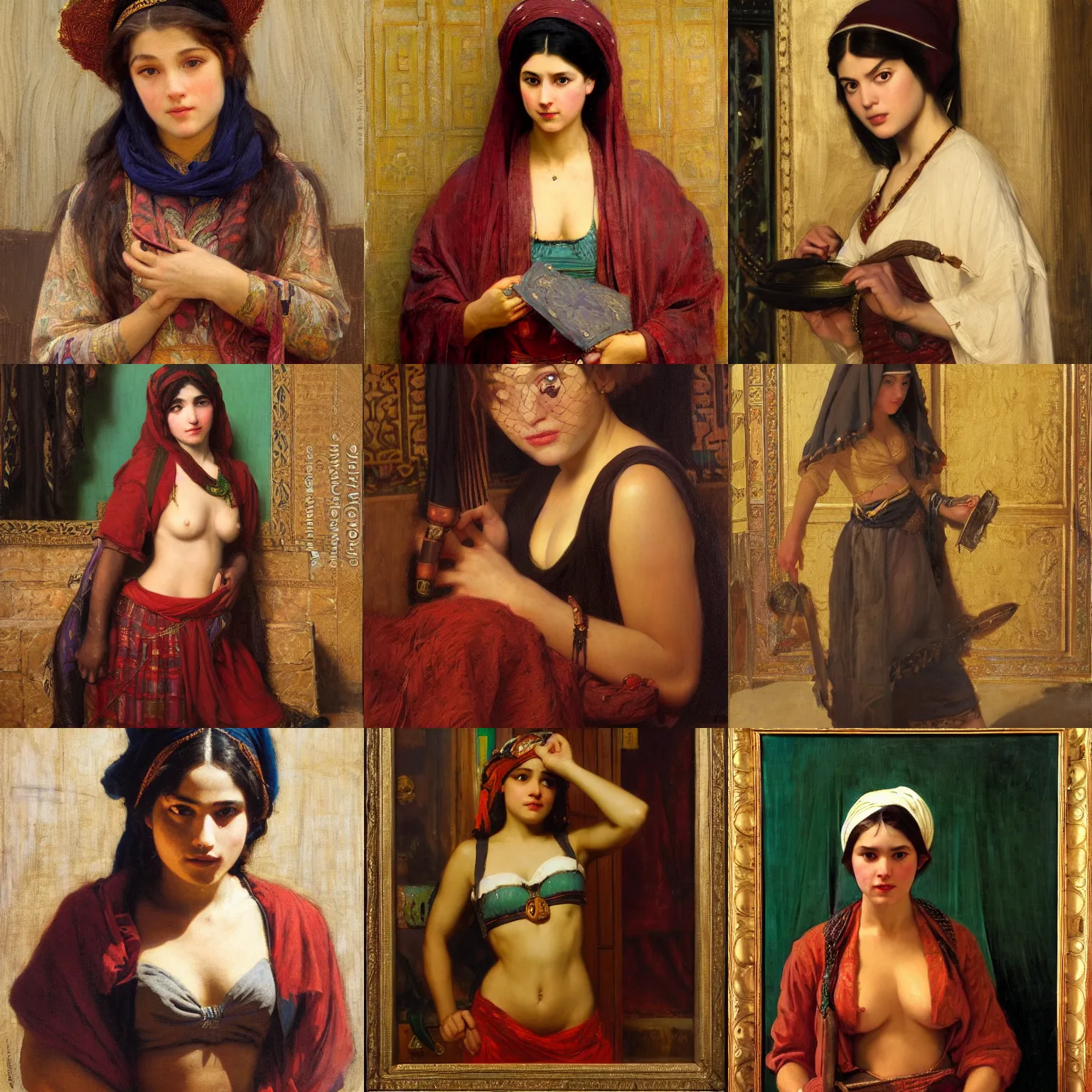 Prompt: orientalism portrait of a cute female thief by Edwin Longsden Long and Theodore Ralli and Nasreddine Dinet and Adam Styka, masterful intricate artwork. Oil on canvas, excellent lighting, high detail 8k