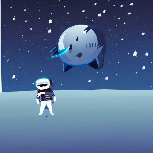 Image similar to cute Shark astronaut walking in barren white desert at night, illustration