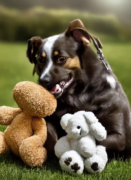 Prompt: a beautiful detailed photo of a dog playing with a teddy on a farm, realistic, f 8, 4 k hd wallpaper