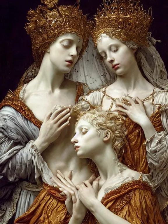 Image similar to a beautiful render of baroque catholic veiled sculpture, the red queen and the white queen pieta, with symmetry intricate detailed,by Lawrence Alma-Tadema, peter gric,aaron horkey,Billelis,trending on pinterest,hyperreal,jewelry,gold,intricate,maximalist,glittering,golden ratio,cinematic lighting