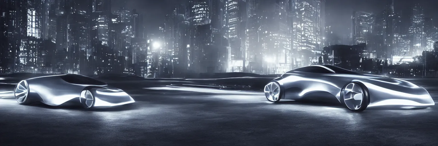 Image similar to photograph of a concept car for the year 2050, inner city background night shot, dramatic lighting.