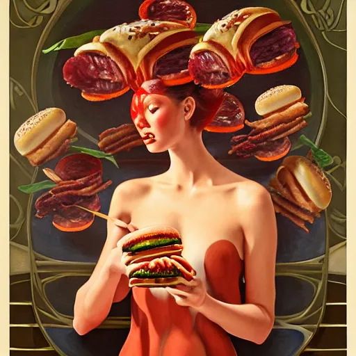 Image similar to detailed full body concept art illustration oil painting of Brent Spiner consuming hamburgers, extra ketchup, bacon lettuce and tomatos, oriental art nouveau, frock, mid body, radiant halo of light, black gold smoke ink, woman covered in sliced tomatos and onions, peter mohrbacher, artgerm