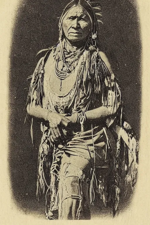 Image similar to “19th century wood engraving of a Native American indian woman, portrait, Nanye-hi Beloved Woman of the Cherokee, wearing a papoose showing pain and sadness on her face, ancient”