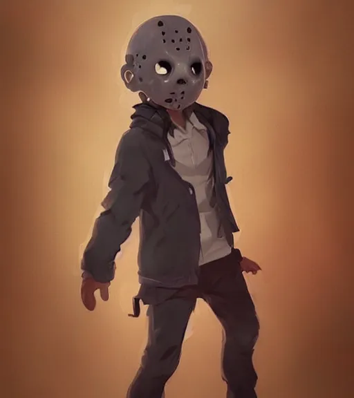 Image similar to beautiful little boy anime character inspired by jason voorhees, art by rossdraws, wlop, ilya kuvshinov, artgem lau, sakimichan and makoto shinkai, concept art, anatomically correct, extremely coherent, realistic, mask, smooth hd, 8 0 s haircut