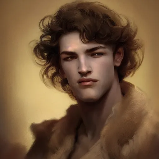 Image similar to Lucius with closed eyes smiling, clean shaven young androgynous, very detailed sharp angular masculine face, hooked nose and square jaw long fluffy curly blond hair, light blond hair, gorgeous, beautiful, intricate, highly detailed, digital painting, artstation, concept art, sharp focus, illustration, art by greg rutkowski and alphonse mucha