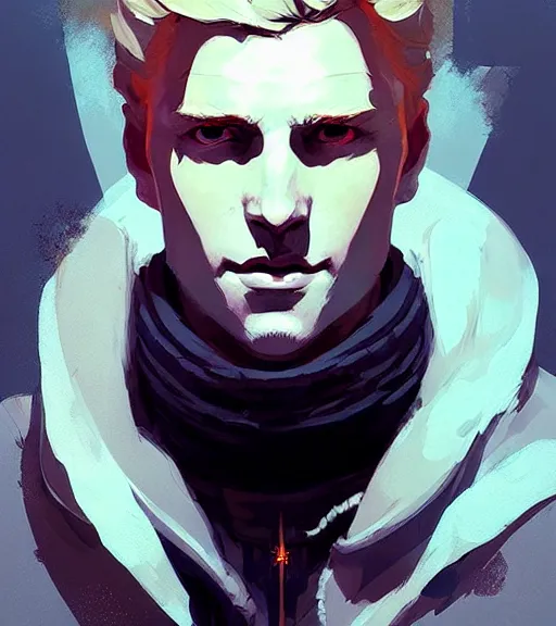 Image similar to portrait of cullen from dragon age with golden eyes by atey ghailan, by greg rutkowski, by greg tocchini, by james gilleard, by joe fenton, by kaethe butcher, dynamic lighting, gradient light blue, brown, blonde cream and white color scheme, grunge aesthetic