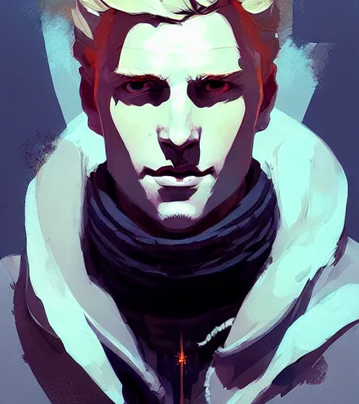 Prompt: portrait of cullen from dragon age with golden eyes by atey ghailan, by greg rutkowski, by greg tocchini, by james gilleard, by joe fenton, by kaethe butcher, dynamic lighting, gradient light blue, brown, blonde cream and white color scheme, grunge aesthetic