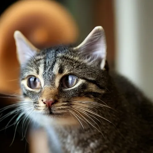 Image similar to a small domestic housecat with a broad mushroom growing atop its head