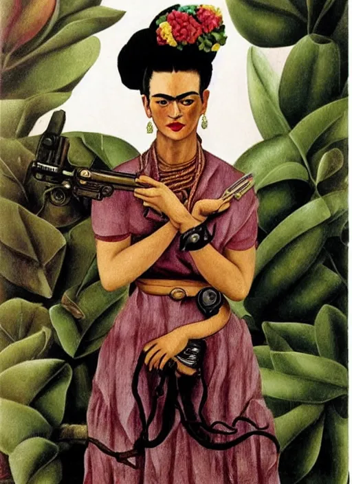 Image similar to frida kahlo as a six shooter cowboy