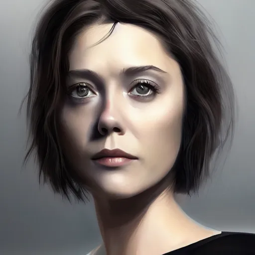 Prompt: a woman who looks like a mixture between Elizabeth Olsen, Mary Elizabeth Winstead and young Sigourney Weaver, black bob hair, wearing beige and black utilitarian jumpsuit, scifi, highly detailed portrait, digital painting, artstation, concept art, smooth, sharp focus, illustration, ArtStation HQ