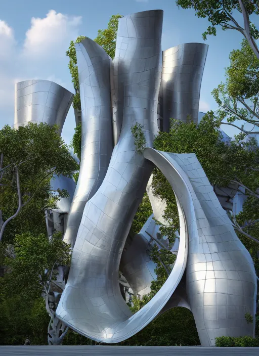 Image similar to highly detailed realistic architecture 3 d render of a futuristic stele monument in frank gehry style standing in city park, archdaily, made in unreal engine 4 octane render