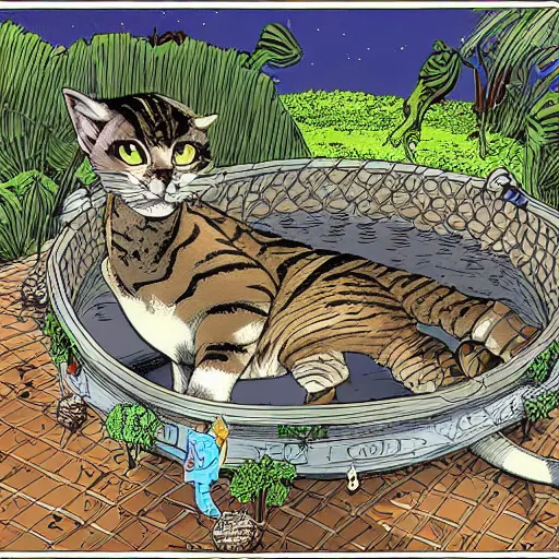 Image similar to tabby cat alligator pool “ geoff darrow ” production art