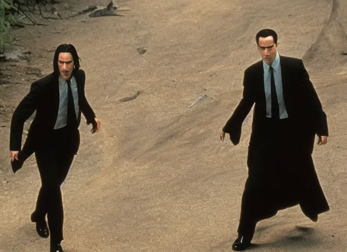 Prompt: film still of keanu reeves as agent smith in the new matrix movie, 4 k