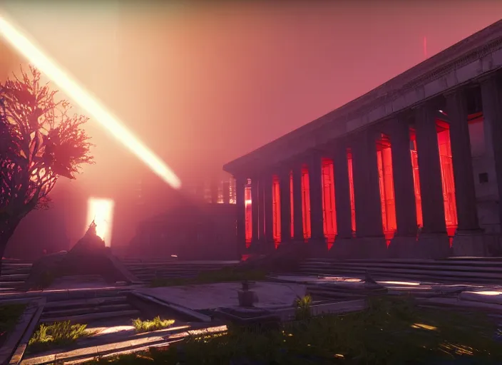 Image similar to ancient european court building with red shafts of light in destiny 2, foggy, liminal, dark, dystopian, beautiful architecture, abandoned, highly detailed 4 k 6 0 fps in - game destiny 2 gameplay screenshot leak