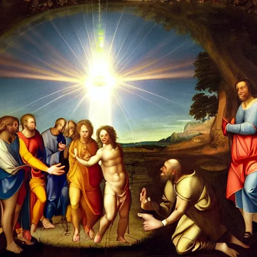 Image similar to a renaissance painting of a ufo beaming a ray of light down at the baptism of Christ. (1710)