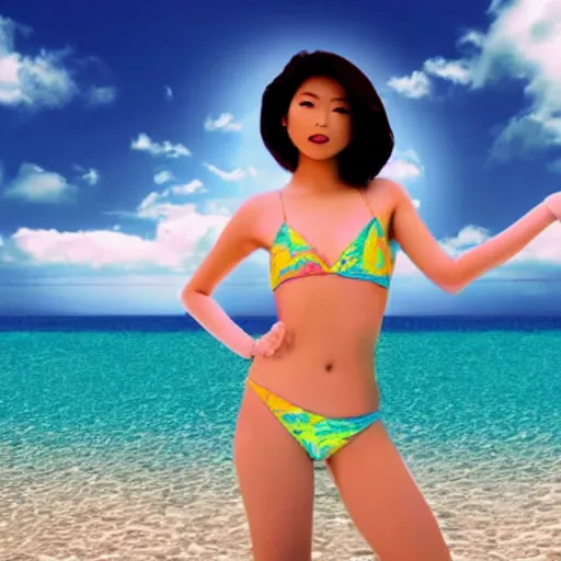 Image similar to a VHS still of a an Asian female model inside a vaporwave surreal beach, Windows98 logo
