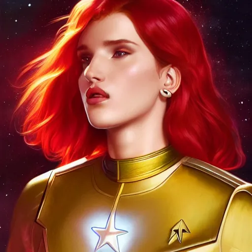 Image similar to ultra realistic illustration, bella thorne as captain wearing star trek red uniform, intricate, elegant, highly detailed, digital painting, artstation, concept art, smooth, sharp focus, illustration, art by artgerm and greg rutkowski and alphonse mucha