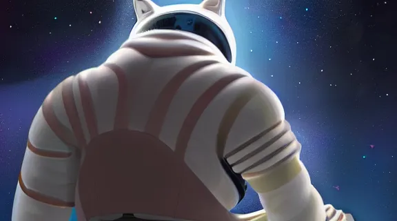 Image similar to cat seen from behind wearing a spacesuit in a space station watching the stars trough a large window, digital painting, dramatic lighting, highly detailed, artstation, concept art