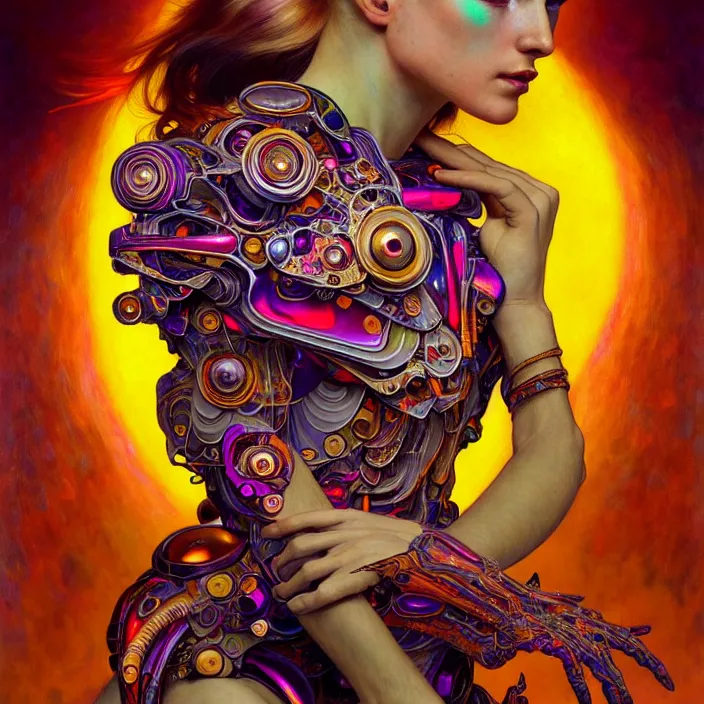 Image similar to bright psychedelic portrait of organic cyborg holding wings, diffuse lighting, fantasy, intricate, elegant, highly detailed, lifelike, photorealistic, digital painting, artstation, illustration, concept art, smooth, sharp focus, art by John Collier and Albert Aublet and Krenz Cushart and Artem Demura and Alphonse Mucha