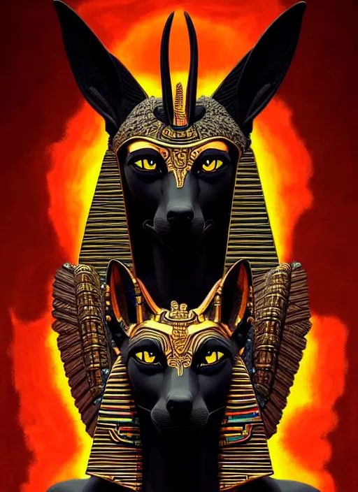 Image similar to angry god anubis, growling jackal with egyptian headdress and nemes, ornate art nouveau detail, black and neon palette, symmetry, fantasy, intricate, elegant, highly detailed, colorful, dark colors, dramatic shadow, digital painting, artstation, concept art, art by artgerm and greg rutkowski and ruan jia,