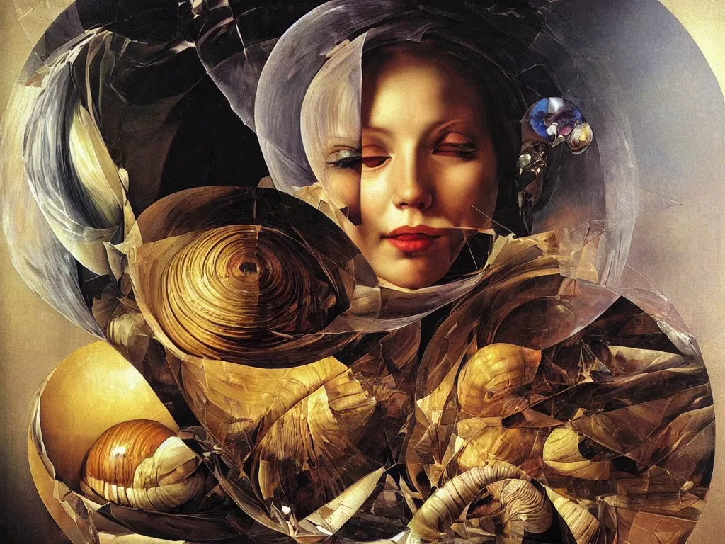 Prompt: hyperrealistic still life painting of a goddess with her third eye blasting open into a new dimension, wrapped in fabric and gently smiling, nautilus shell surrounded by prisms in a tesseract, by Caravaggio, botanical print, surrealism, vivid colors, serene, golden ratio