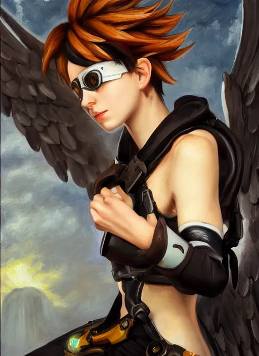Image similar to oil painting of tracer overwatch in the style of sophie anderson, on knees, angel wings, black outfit, dramatic painting, wearing steel collar,