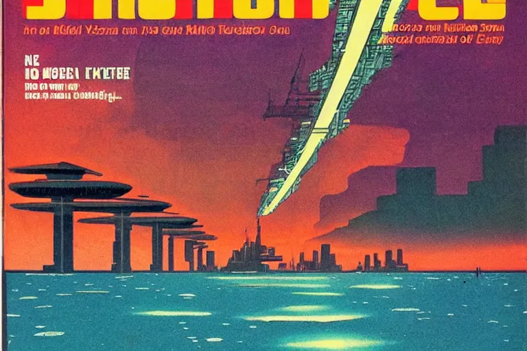 Image similar to 1979 Popular science Magazine Cover of a seawall. In the background is Neo-Tokyo in Akira style by Vincent Di Fate