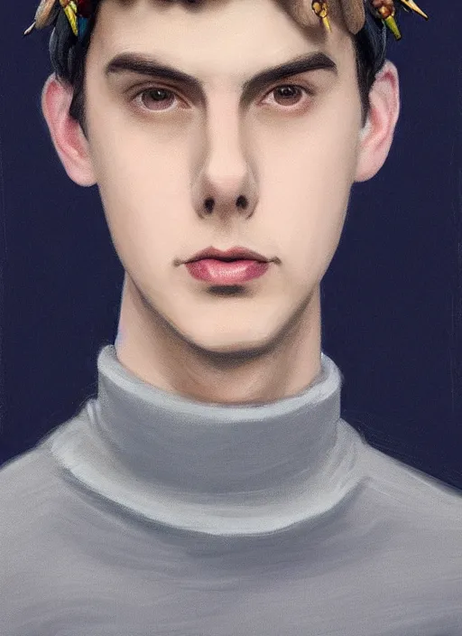 Image similar to portrait of teenage jughead jones wearing a light grey crown, crown, blue turtleneck, 1 9 5 0 s, closed eyes, photorealistic, black hair, glowing lighting, intricate, elegant, glowing lights, highly detailed, digital painting, artstation, concept art, smooth, sharp focus, illustration, art by wlop, mars ravelo and greg rutkowski