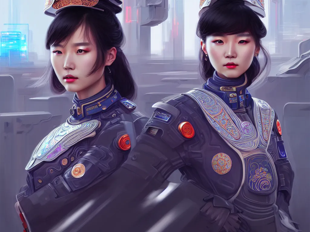 Image similar to portrait futuristic china police uniform female, at future neon light rooftop, ssci - fi and fantasy, intricate and very very beautiful and elegant, highly detailed, digital painting, artstation, concept art, smooth and sharp focus, illustration, art by tan zi and ayanamikodon and alphonse mucha and wlop