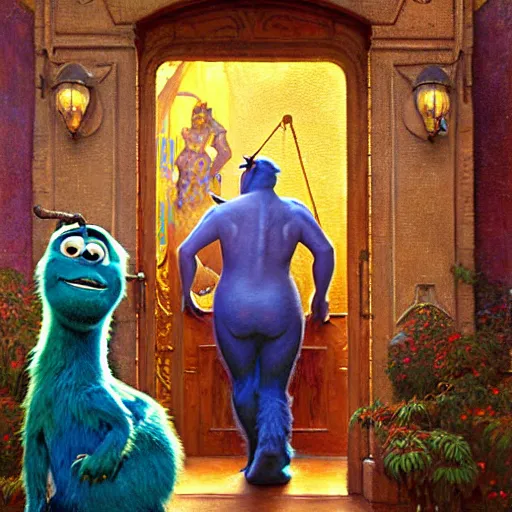 Image similar to portrait of sulley from monsters inc in front of house door. painting by gaston bussiere craig mullins jc leyendecker gustav klimt artgerm greg rutkowski john berkey, bergey, craig mullins, ruan jia, raymond swanland, tom lovell