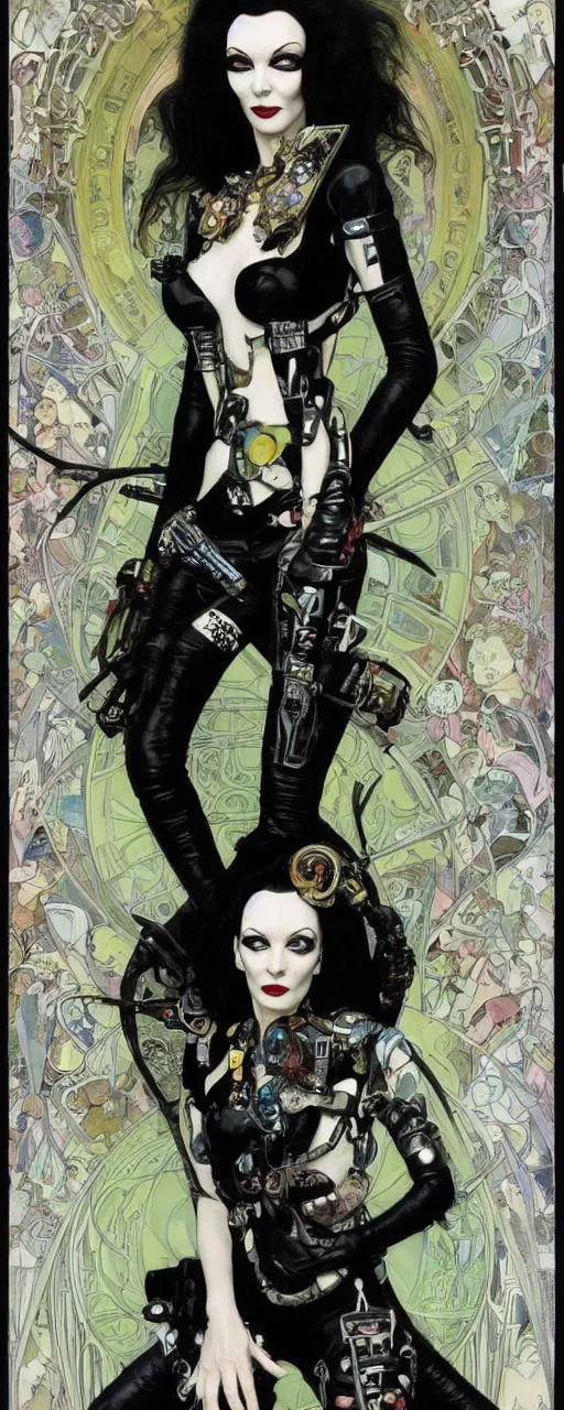 Image similar to a beautiful and captivating punk rock art nouveau style portrait of morticia adams as a futuristic leatherpunk rebel soldier by olivia de bernardinis, travis charest and alphonse mucha, mixed media painting, photorealism, extremely hyperdetailed, perfect symmetrical facial features, perfect anatomy, ornate declotage, circuitry, technical detail, confident expression, wry smile