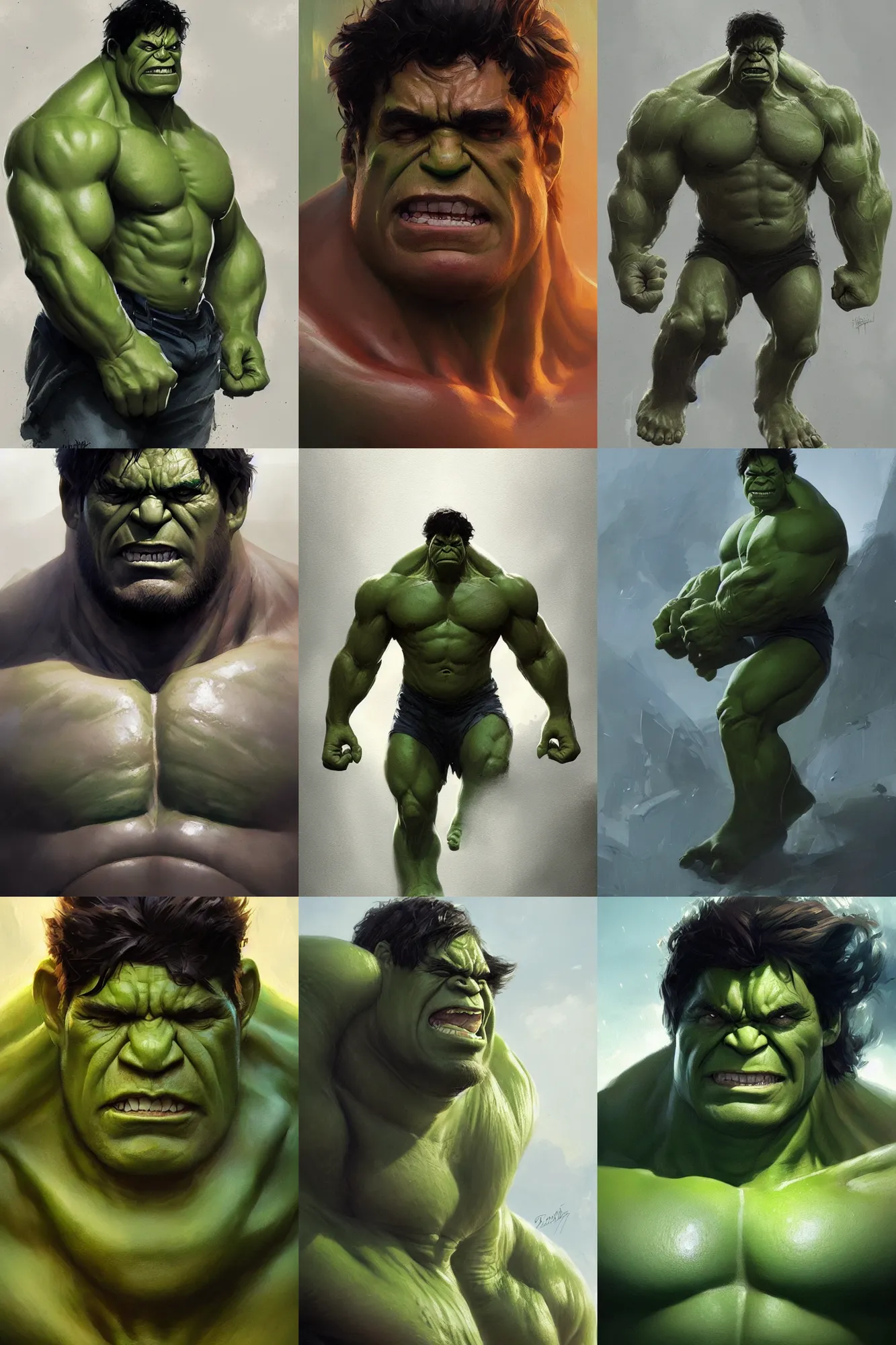 Prompt: full length portrait of hulk by greg rutkowski, highly detailed, portrait, scifi, digital painting, artstation, concept art, smooth, sharp focc