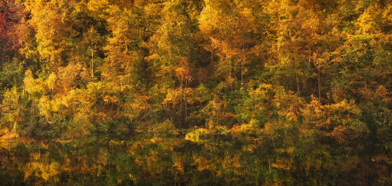 Image similar to sparse stone cottages underneath a dense tall forest, pristine ponds. fine painting intricate brush strokes, bright depth oil colors. 2 8 mm perspective photography by araken alcantara. intense promiseful happiness, autumn sunrise warm light. hopeful environment of bodyscapes