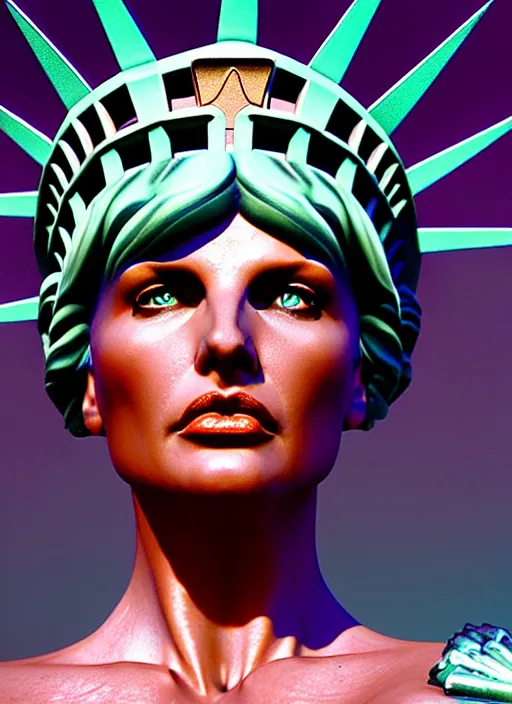 Image similar to julie strain is the statue of liberty, au naturel, hyper detailed, digital art, trending in artstation, cinematic lighting, studio quality, smooth render, unreal engine 5 rendered, octane rendered, art style by klimt and nixeu and ian sprigger and wlop and krenz cushart.