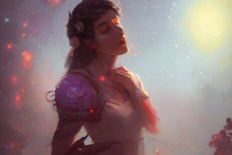 Image similar to a beautiful painting of in the silent, starlit nights, beautiful flower, girl, by greg rutkowski, trending on artstation