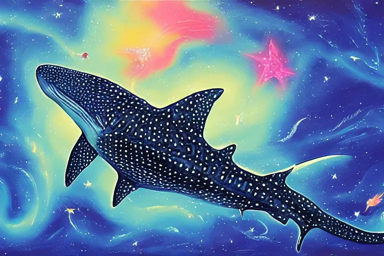 Image similar to gouache painting of a whale shark flying through a swirling, luminous nebula, elegant, ultra detailed