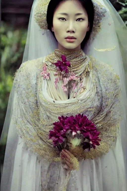 Image similar to very beautiful asian woman, beautiful face, ultradetailed, ethereal, flowers, beautiful wedding dress, gorgeous, volumetric lighting, art by steve mccurry