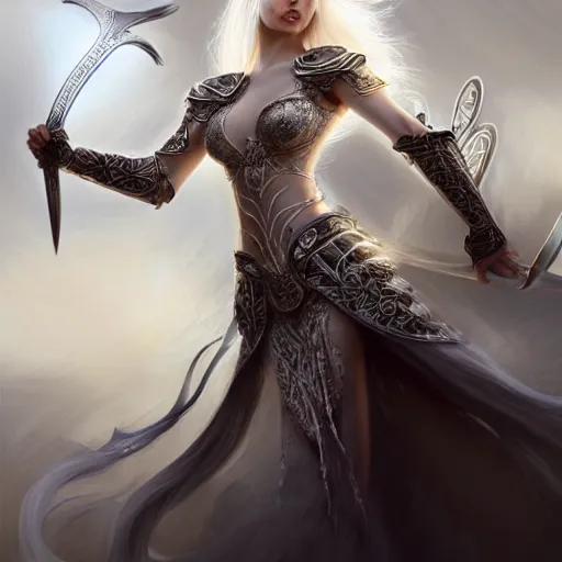 Image similar to full body painting of a woman with flowing luscious glowing white hair standing whilst holding a sword, wearing intricate plate - armor and leather underneath. intricate, elegant, highly detailed, digital painting, artstation, concept art, smooth, sharp focus, illustration, by terry wei, qiu fang, tooth wu, kan liu, siwoo kim, jisu choe