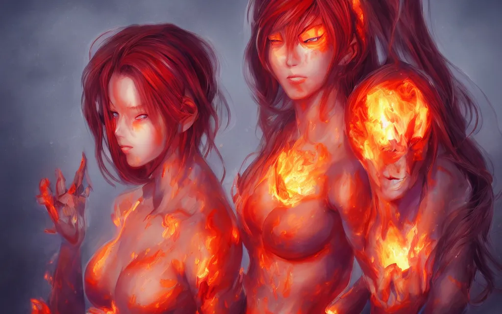Prompt: A realistic anime portrait of a beautiful fire spirit twins with glowing red eyes and firey skin wearing clothes made of flames, digital painting, by Stanley Artgerm Lau, Sakimichan, WLOP and Rossdraws, digtial painting, trending on ArtStation, SFW version