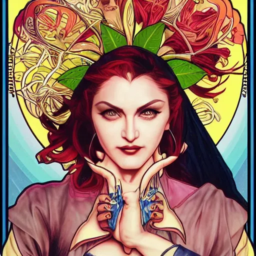 Image similar to madonna perfect coloring, low saturation, epic composition, masterpiece, bold complimentary colors. stunning masterfully illustrated by artgerm, range murata, alphonse mucha, katsuhiro otomo