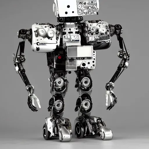 Prompt: humanoid robot made up of old car parts and electronics, hyper realistic, high quality, high resolution