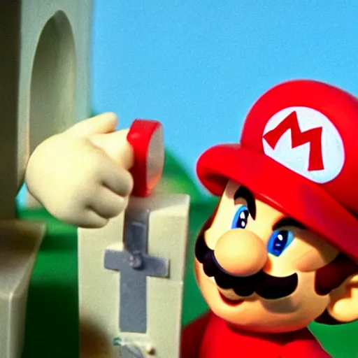 Prompt: Mario Mario in a still from the short movie The Wrong Trousers (1993), stopmotion animation, detailed plasticine models, 4k